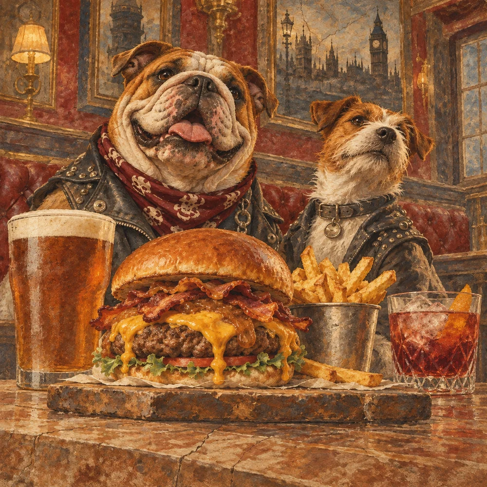 Burger e drinks com dois cães no pub