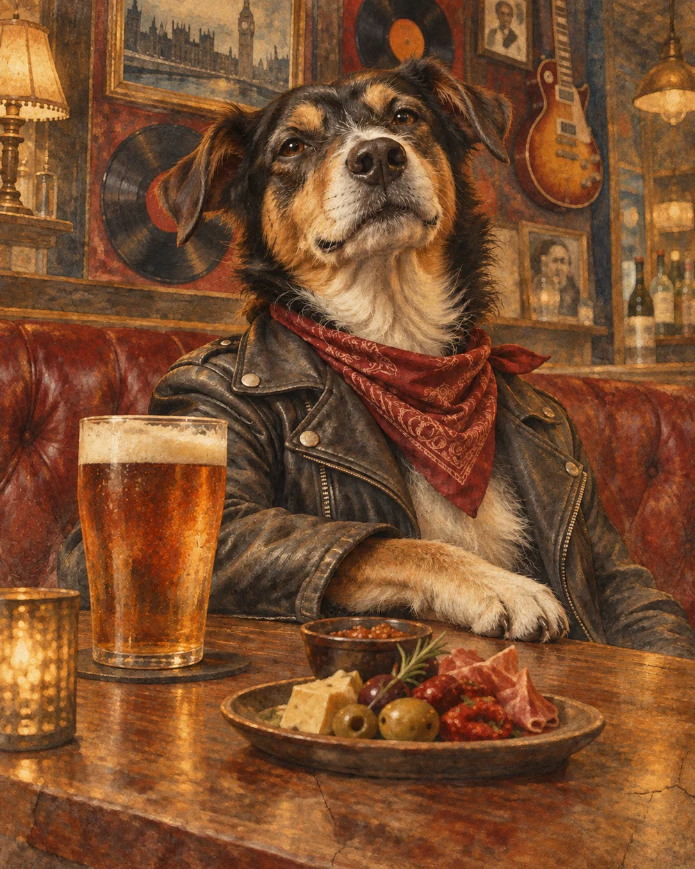 Cão de jaqueta de couro em um pub