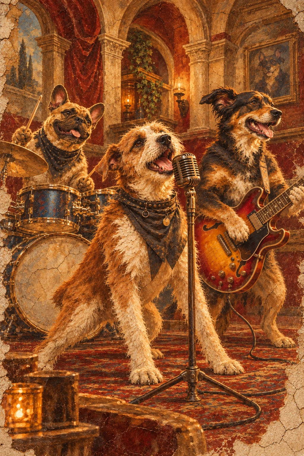 Afresco renascentista de uma banda de cães tocando rock no pub