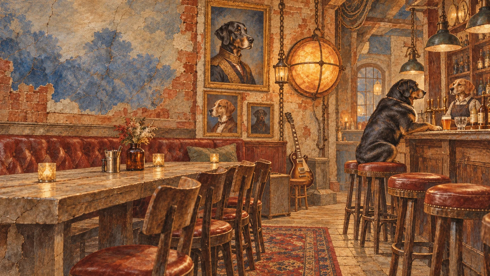 Ilustração de um pub com decoração canina e iluminação âmbar